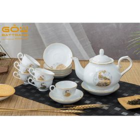 Ấm chén Bát Tràng mạ vàng con công cực sang