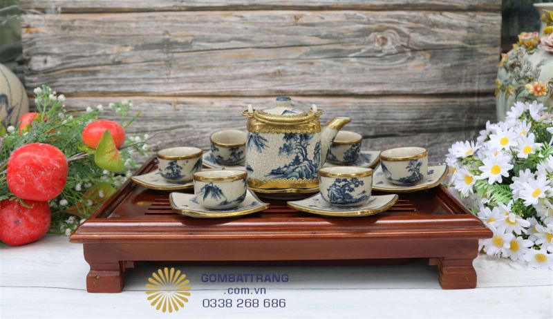Ấm chén bát tràng men rạn vuông bộ đầy đủ
