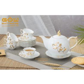 Ấm chén đẹp Bát Tràng trắng vẽ vàng hoa sen