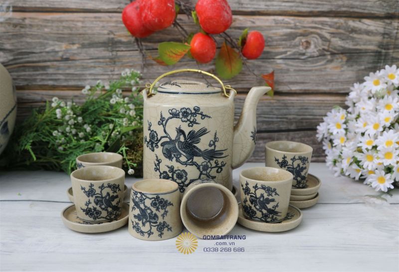 Bộ ấm chén men rạn đầy đủ phụ kiện, vẽ tay nghệ nhân, bền đẹp