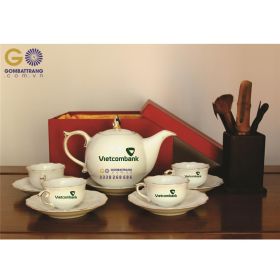 Ấm chén trắng in logo giá rẻ cao cấp
