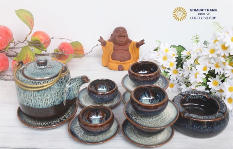 Trọn bộ ấm chén cao cấp bọc đồng viền quai cầm - Siêu sang