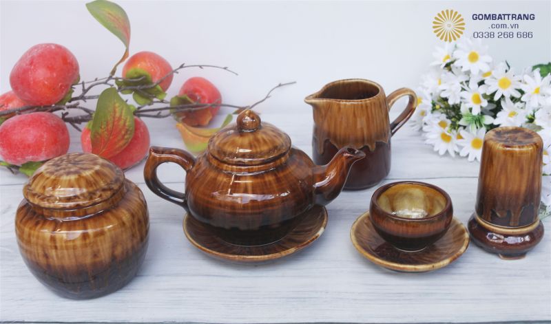 Bộ sản phẩm ấm chén Bát Tràng giả cổ đầy đủ - sang trọng, cao cấp