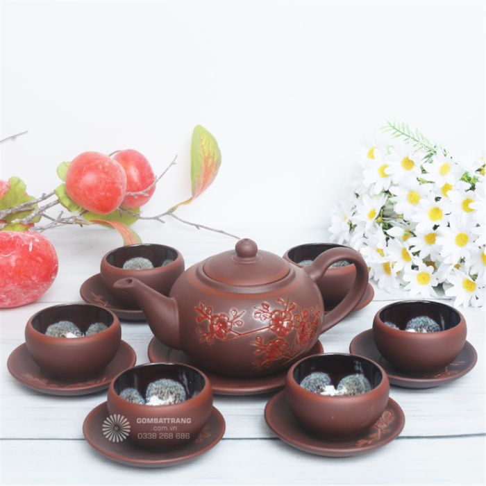 Bộ ấm chén Bát Tràng hoa đào độc đáo