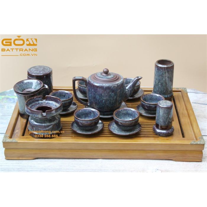 Bộ ấm chén Bát Tràng men hỏa biến cao cấp