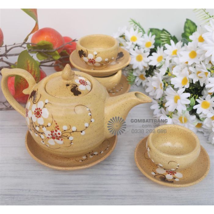 Bộ ấm chén Bát Tràng men nâu hoa đào – Tinh hoa trà Việt