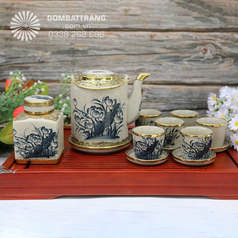 Bộ ấm chén men rạn bát tràng vẽ hoa sen