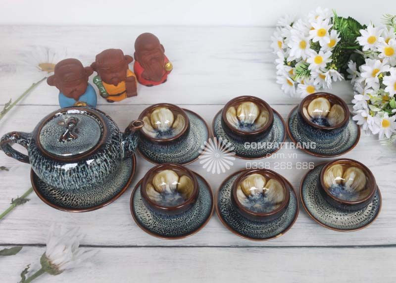 Bộ ấm chén men nâu vân đá Bát Tràng