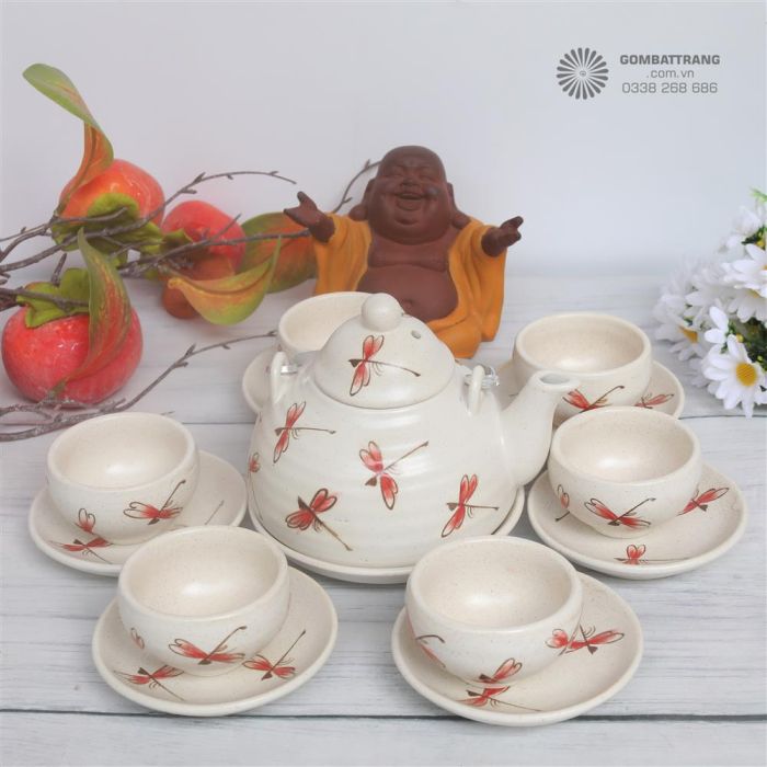 Bộ ấm chén bát Tràng vẽ tay hình chuồn chuồn - CAO CẤP