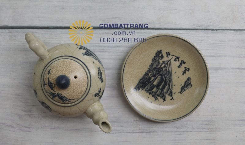 Bộ ấm chén men rạn vẽ Vịnh Hạ Long – con thuyền lững lờ giữa núi đá, mang nét đẹp thanh bình vào không gian thưởng trà