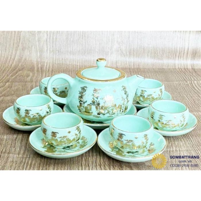 Bộ ấm chén hiện đại Bát Tràng Ngọc Trúc Lâm đẹp sang