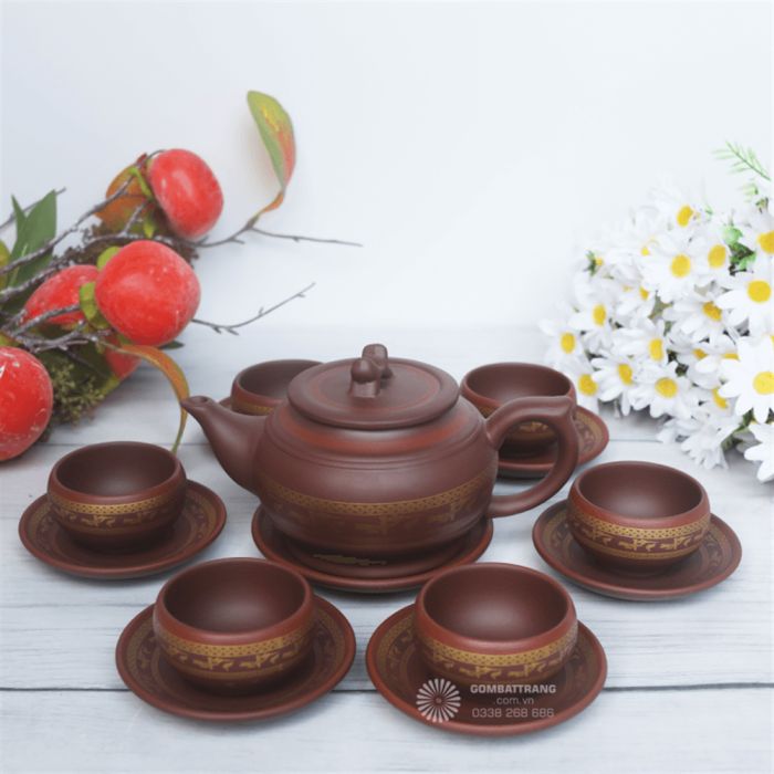 Bộ ấm chén mạ vàng Bát Tràng chính hãng