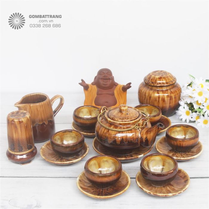 Bộ ấm chén men nâu gốm Bát Tràng – Sắc giao hòa cổ & kim