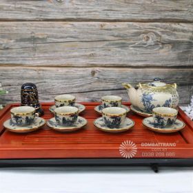 Bộ ấm chén men rạn có nắp đồng vẽ sơn thủy hữu tình