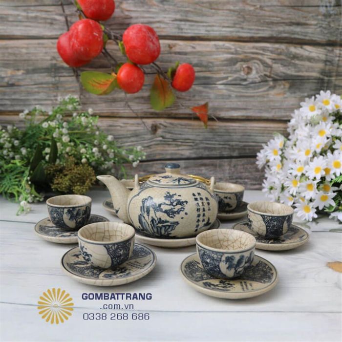 Bộ ấm chén men rạn cổ quai vàng Trúc lâm cao cấp