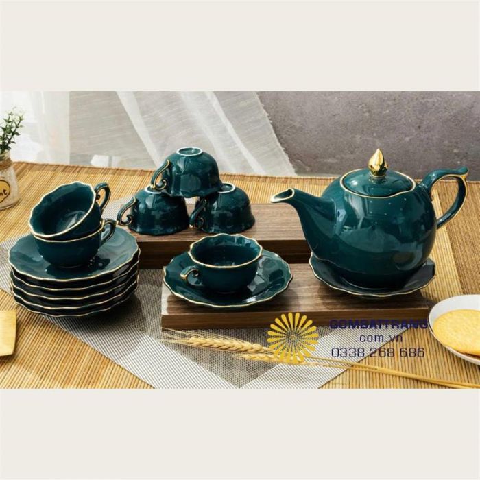 Bộ ấm chén trà đạo Mẫu đơn xanh Bát Tràng chính hãng