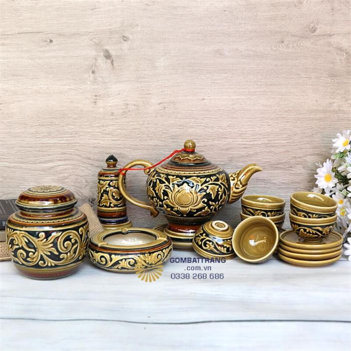 Bộ Ấm Chén Uống Trà Đạo Hoa Sen Đắp Nổi Đẹp