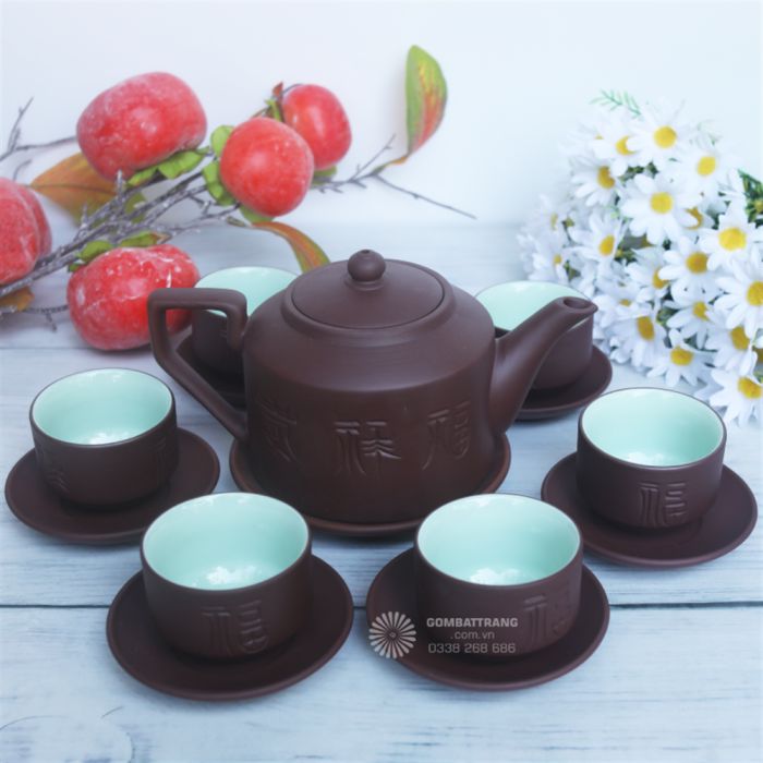 Bộ ấm chén uống trà tử sa Phúc -Lộc -Thọ