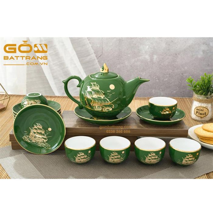 Bộ ấm trà Bát Tràng men xanh cực đẹp
