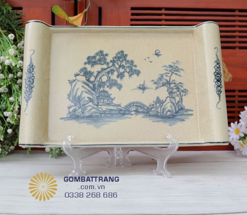 Khay gốm sơn thủy hoàn thiện bộ trà theo phong cách trang nhã
