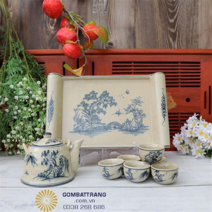 Bộ Ấm Trà Men Rạn Bát Tràng Họa Sơn Thủy Gốm Sứ Cao Cấp