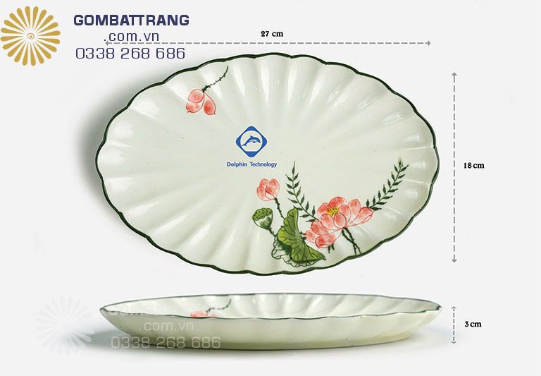 Đĩa bầu dục vẽ hoa sen