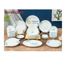 Bộ chén đĩa cao cấp bát tràng- Men trắng họa tiết sen xanh