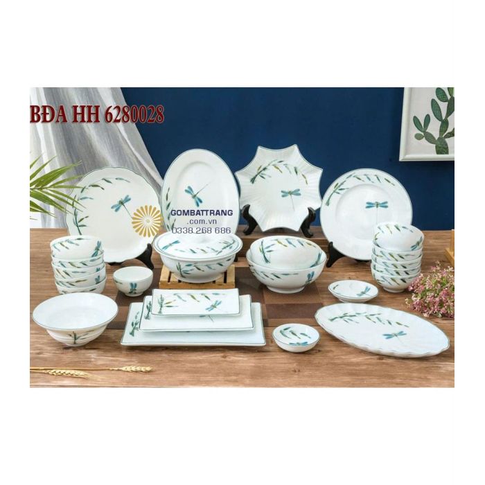 Bộ chén dĩa gốm bát tràng- Họa tiết trúc chuồn vẽ tay