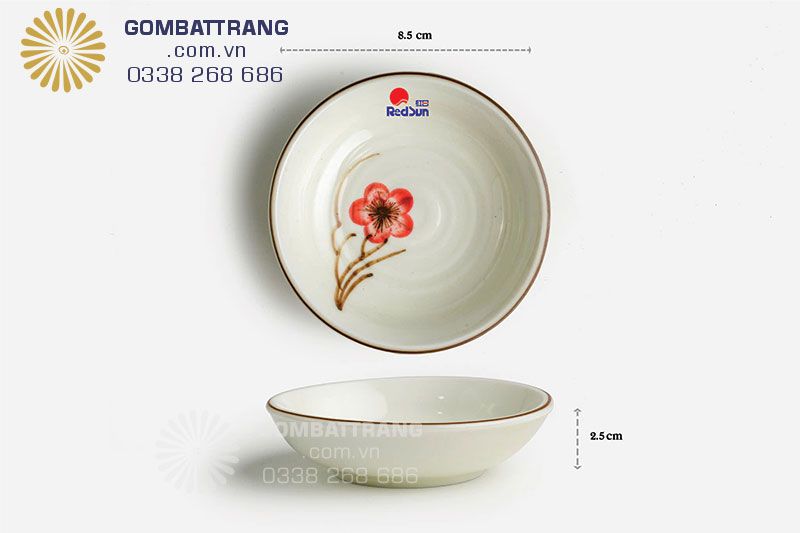 Đĩa muối tiêu gốm Bát Tràng vẽ hoa đào đỏ