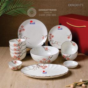 Bộ chén đĩa gốm Bát Tràng vẽ hoa đào đỏ