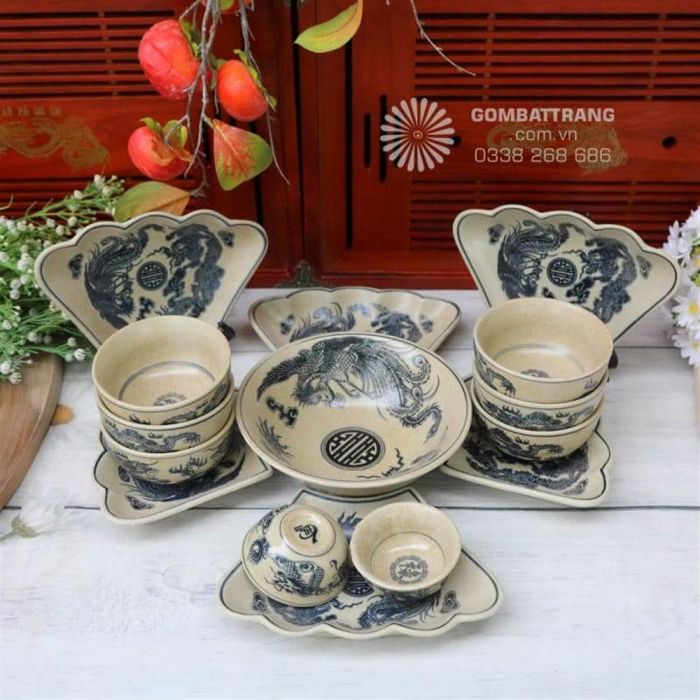 Bộ đồ ăn hoa mặt trời Bát Tràng men rạn cao cấp
