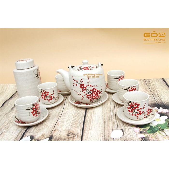 Bộ tách trà Bát Tràng dáng dài vẽ hoa đào