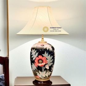 Đèn ngủ để bàn gốm sứ sơn mài hoa sen đỏ chính hãng