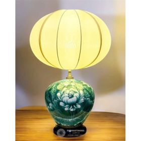 Đèn ngủ gốm sứ cao cấp - Họa tiết hoa sen xanh ngọc nổi