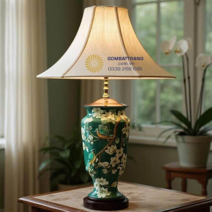 Đèn ngủ gốm sứ- Chân đế gỗ và chao vải lụa sang trọng