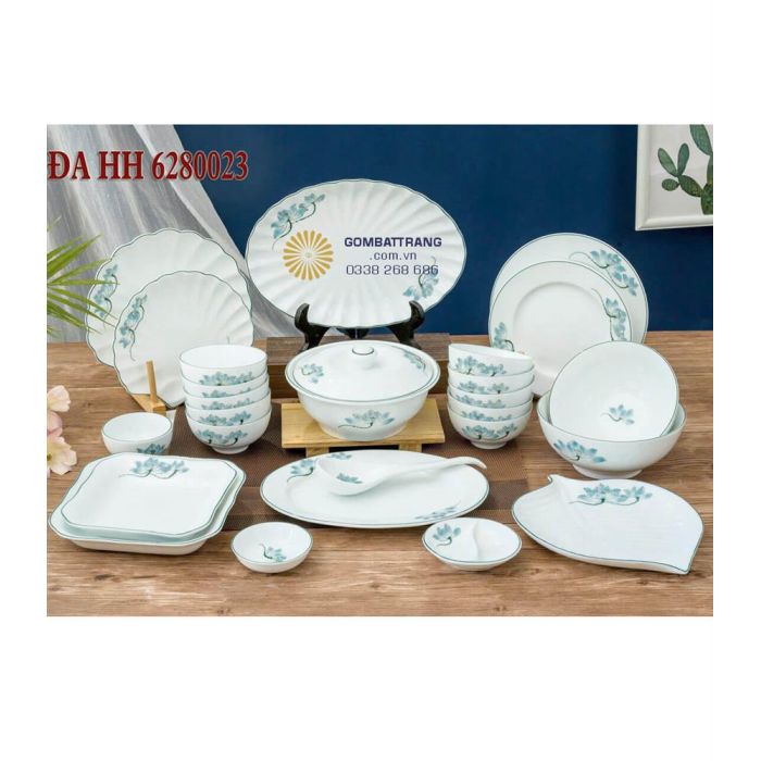 Đĩa gốm bát tràng-Men sứ trắng vẽ sen xanh đẹp mắt