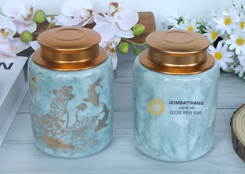 Hộp trà gốm cao cấp được chế tác từ sứ Bát Tràng truyền thống
