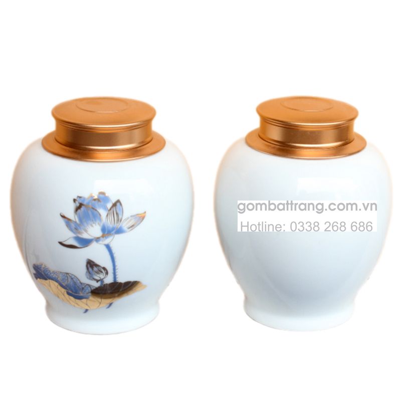Hộp đựng trà bằng gốm họa tiết hoa sen
