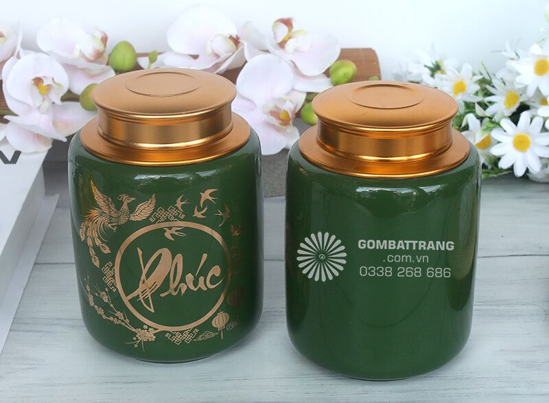 Lọ đựng chè đẹp trang trí chữ Phúc vàng kim, biểu tượng phong thủy mang lại may mắn và thịnh vượng