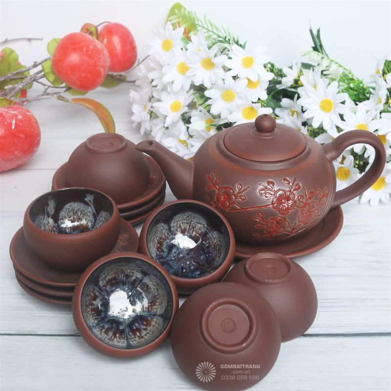 Mua trọn bộ ấm trà tử sa khắc hoa đào chính hãng Bát Tràng loại cao cấp