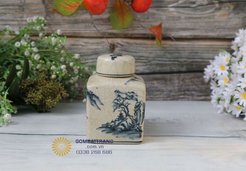 Lọ đựng trà men rạn nắp kín, bảo quản trà khô hiệu quả, họa tiết sơn thủy đẹp mắt phù hợp mọi không gian thưởng trà