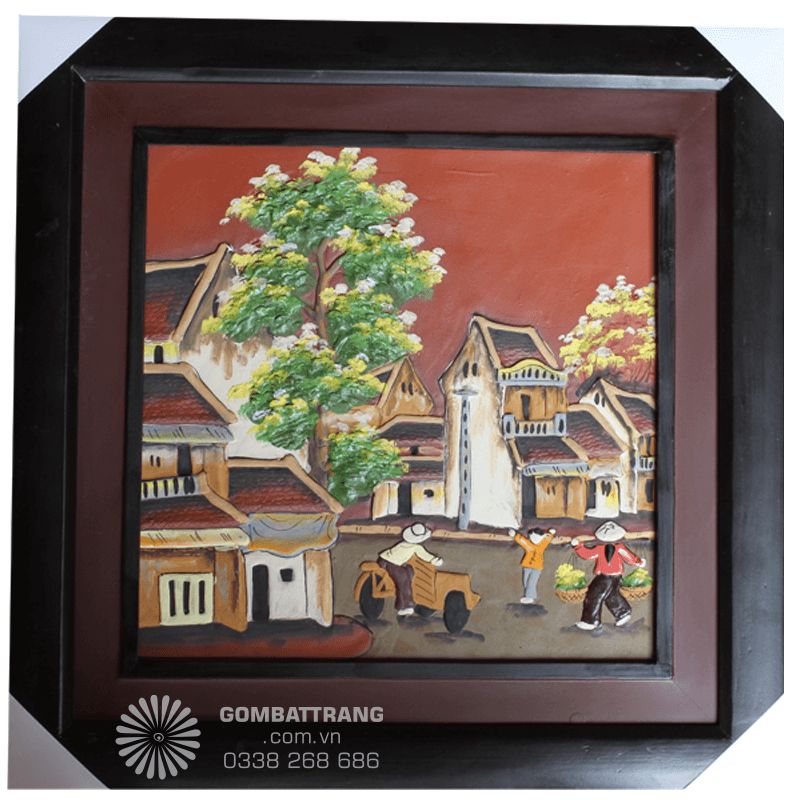Bức tranh tái hiện phố cổ Hà Nội qua góc nhìn gốm Bát Tràng tinh tế.