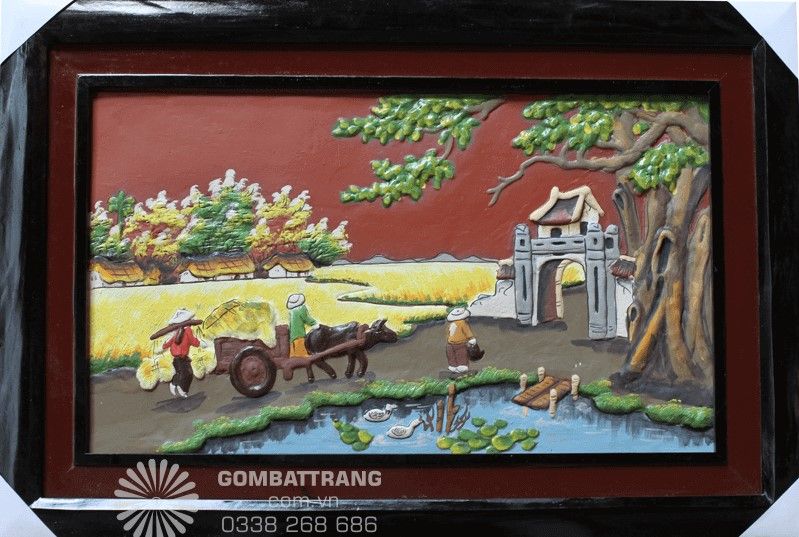 Tranh gốm Bát Tràng đắp nổi 3D cổng làng Việt cổ tinh xảo