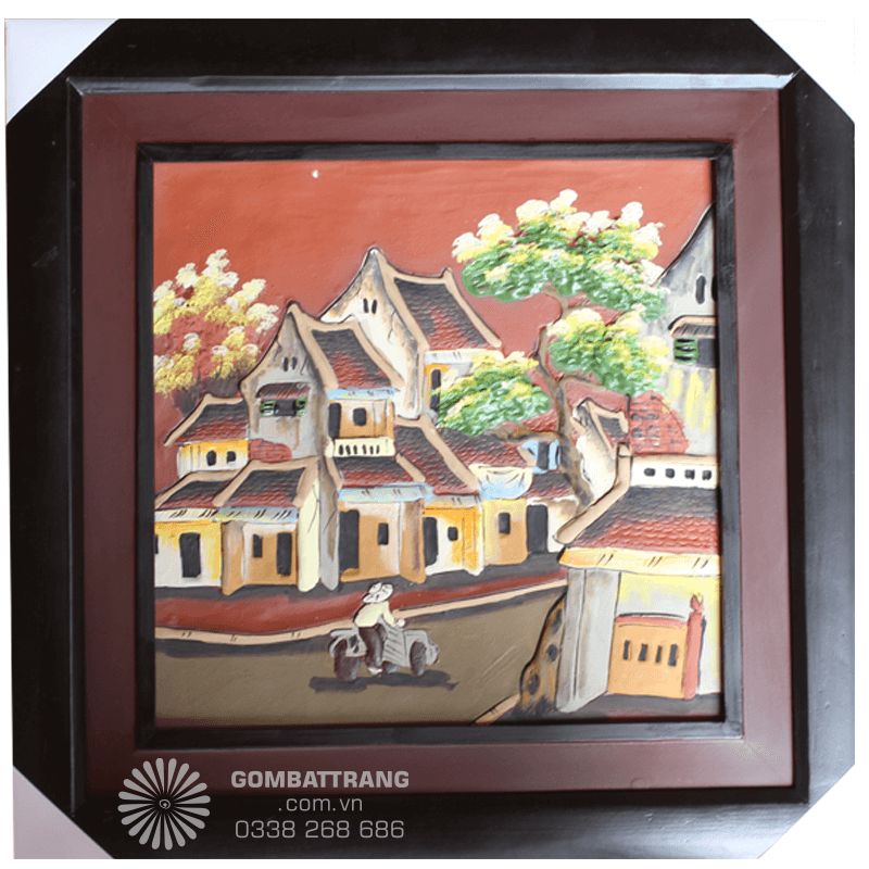 Cảnh phố cổ Hà Nội được đắp nổi chân thực trên nền gốm sứ bền màu.