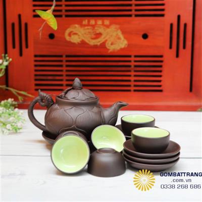 Ấm chè gốm Bát Tràng hoa sen tân cổ, mộc mạc