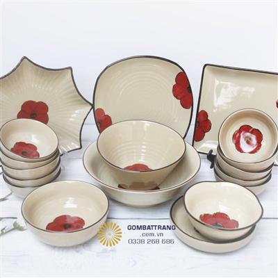 Bát đĩa gốm sứ Bát Tràng hoa đỏ decor bàn ăn sang trọng