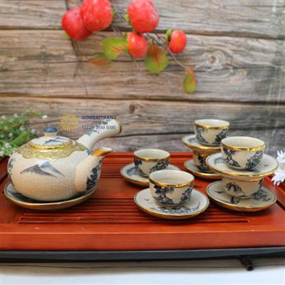 Ấm chén men rạn sơn thủy lam cổ dáng quai chuôi sang trọng