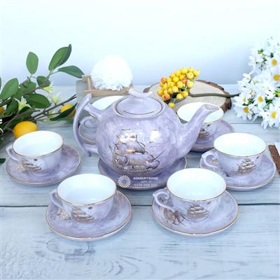 Ấm chén Bát Tràng men hỏa biến hoa sen giá rẻ