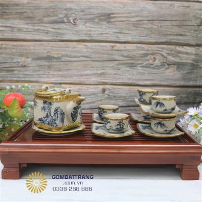 Ấm chén bát tràng men rạn vuông quà tặng gốm sứ cao cấp