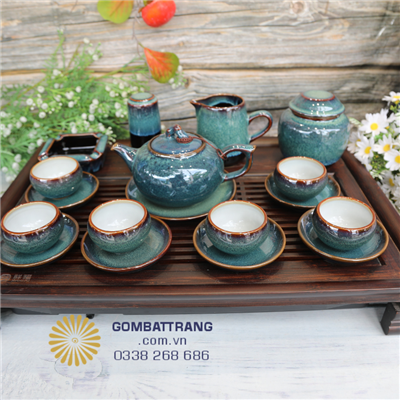 Ấm Chén Men Hỏa Biến Màu Thiên Thanh Kèm Phụ Kiện